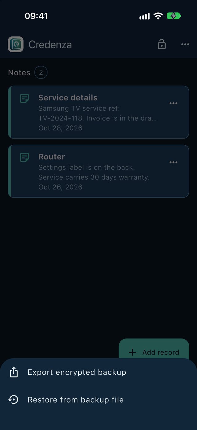 Credenza menu with the options Export encrypted backup and Restore from backup file