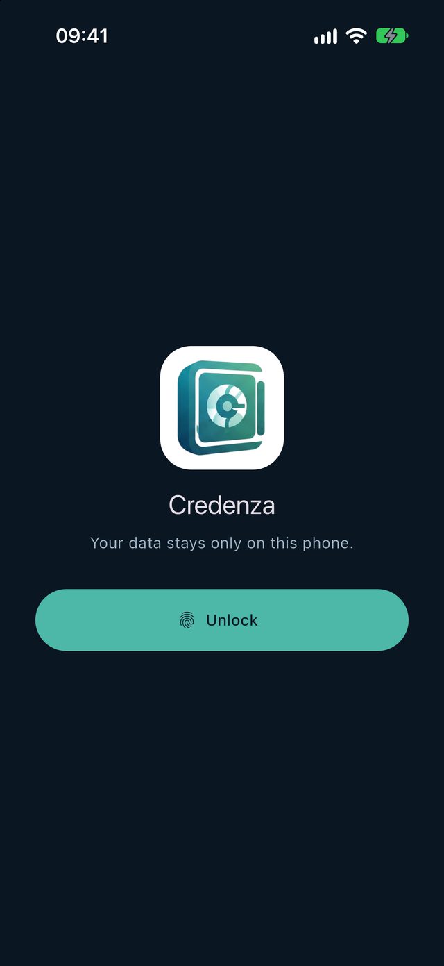 Credenza lock screen with the app icon and an Unlock button