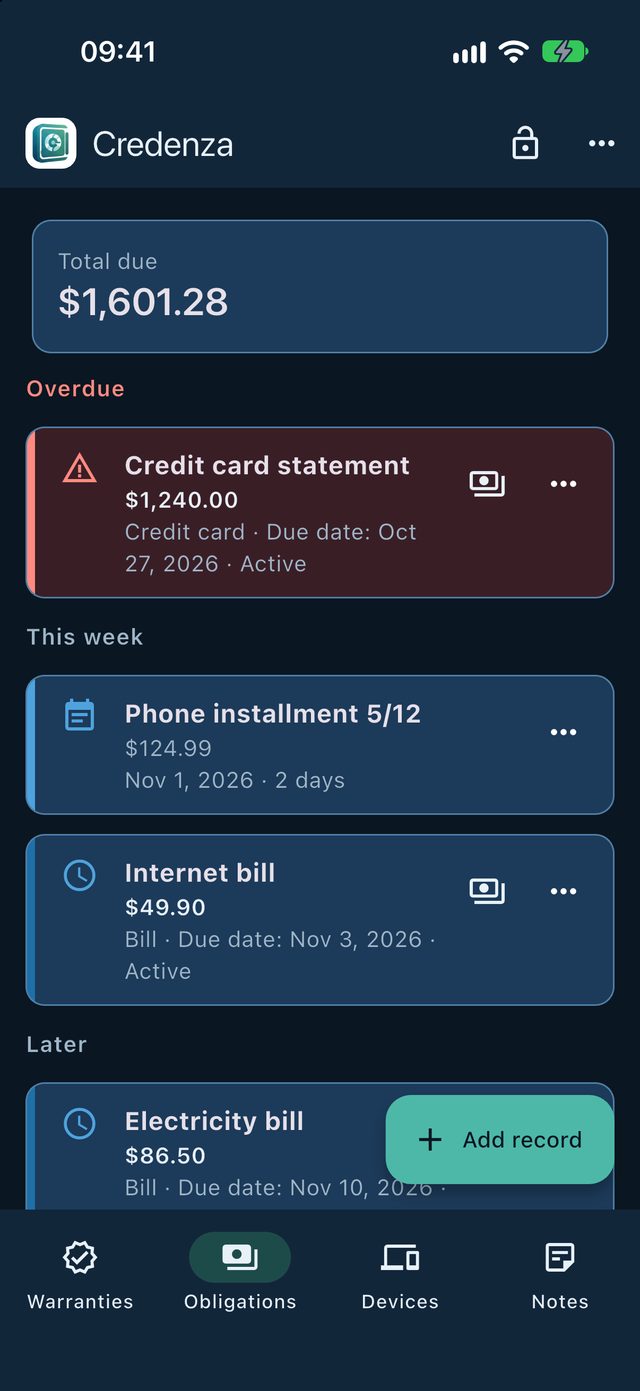 Credenza payments screen: total due, an overdue card statement in red, then this week's installment and internet bill